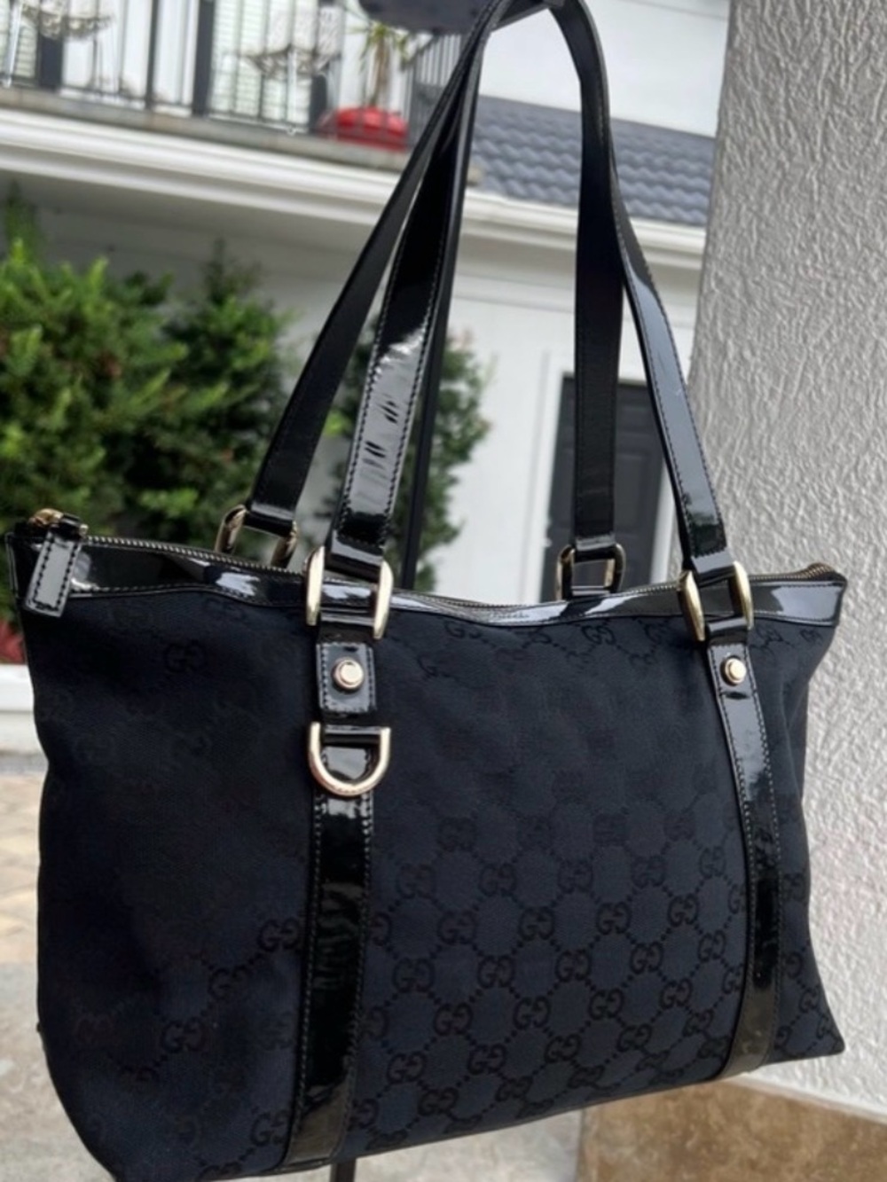Gucci Black GG Monogram Nylon Shoulder Tote with Patent Trim